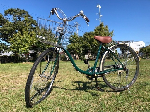 整備済◆26インチ ブリヂストン 自転車 ３段ギア 変速アリ　ママチャリ 緑　タイヤ溝良好