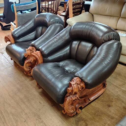 【愛品倶楽部柏店】1人掛けソファ×2脚SET ダッチカントリー風デザイン ヨーロッパ家具 木部は木象嵌飾り有