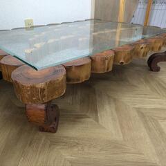 0075木彫りデザインガラステーブル ※天板ガラス欠けアリ