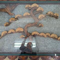 0075木彫りデザインガラステーブル ※天板ガラス欠けアリ