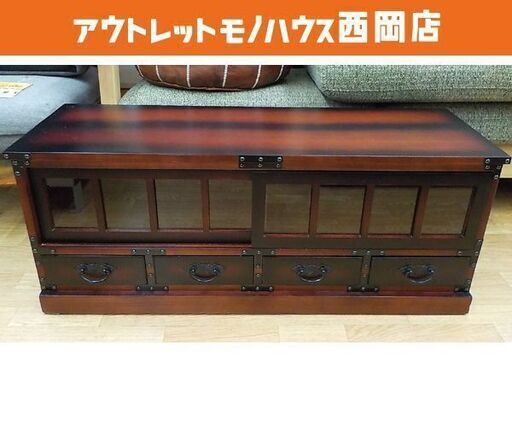 民芸調 ローボード 和モダン 幅100㎝ テレビボード 天然木桐材 模様入り金具付き ブラウン系 TV台　西岡店