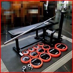 ① 現行モデル 美品 ファイティングロード/ FIGHTING ROAD　ハードベンチ＋ラバープレート70Kg+ダンベルシャフト 2本+バーベルシャフト 1本 手渡し希望/自社配送可能（配送エリアについてお問い合わせください）筋トレ・宅トレの初心者に最適