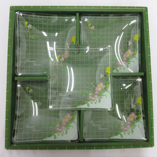 食器 FANCY GLASS ファンシーグラス 角銘々皿セット 硝子皿 レトロ 花柄 美品 【キモノオフ野々市若松店】