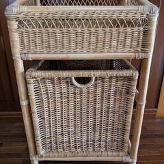昭和レトロ ラタンランドリーラック バスケット付き 脱衣かご 籐家具