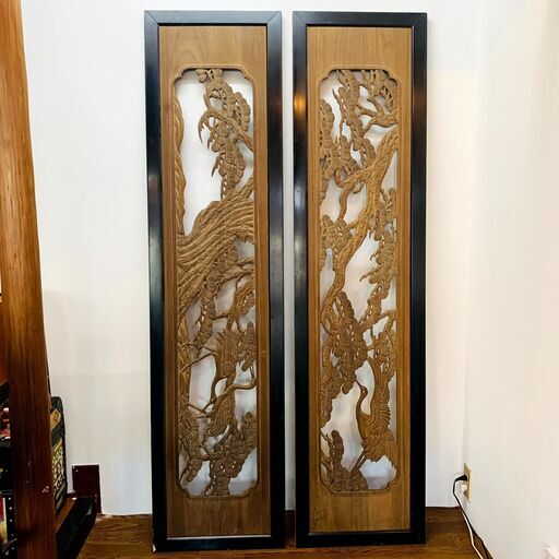 欄間 2枚セット ガラス付き 組み木欄間 アンティーク】木製 建具 欄間