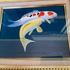錦鯉　油絵　S.Kodaira 額縁付き
