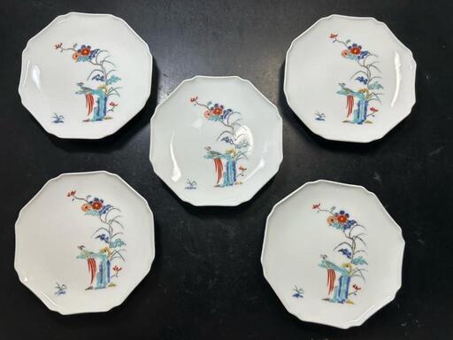 ★【十二代酒井田柿右衛門】錦菊鳳凰絵 八角形皿 角福 渦福 初期角福   重要無形文化財 柿右衛門窯 赤絵磁器 古美術』5枚セット【全国配送希望は要決済前問い合わせ】