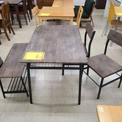 J7933 ダイニングテーブルセット 椅子2脚 ベンチ付 ブラウン