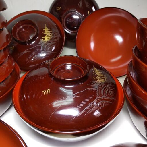 食器 川連漆器 沈金 蒔絵 蓋付 お吸物椀 お椀 10客セット古代朱 骨董 アンティーク 山水画 アンティーク 昭和時代レトロ 骨董品