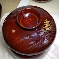 食器 川連漆器 沈金 蒔絵 蓋付 お吸物椀 お椀 10客セット古代朱