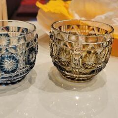 値下げしました！復元薩摩切子 猪口2個 藍黄