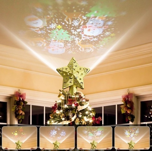 新品！ツリートップ プロジェクタークリスマスライト クリスマスツリー ライト プロジェクターライト ツリーライト LED投光器電飾 3M 12W 白い雪 サンタクロース 星 雪だるま投影可能 USB式 3D回転サンタ付き 180° 投影角度を調整 クリスマス パーティー ギフト クリスマス/新年/祝日/結婚式/室内/庭対応 デコレーション 装飾ライト (4投影)