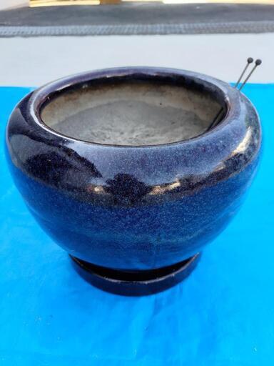 昭和レトロ 火鉢 睡蓮鉢 青 メダカ鉢 ブルー 昭和レトロ 備前焼 海鼠