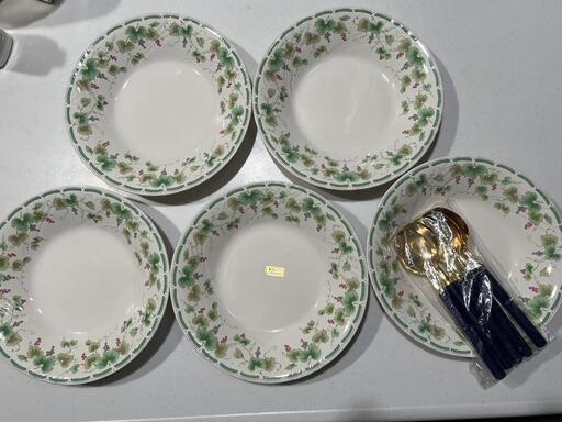 美品　5点　プレート　緑彩　おしゃれ　花　エレガント　食器　古道具