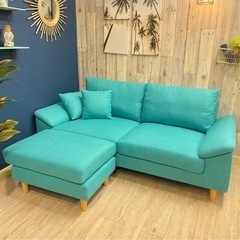 ファブリックカウチソファ(ターコイズブルー)