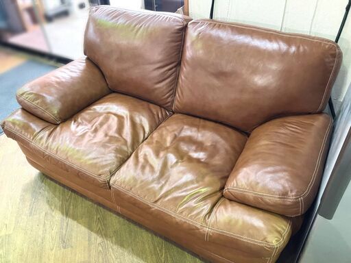メーカー不明 ◆2人掛けソファ◆ レザー 革 ブラウン キャメル ローソファー リビング家具