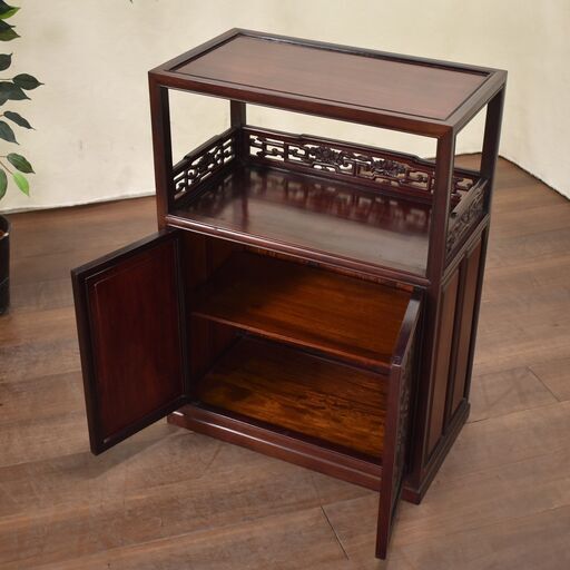 唐木花台 1.8尺 唐木 花台 黒檀 新型 松彫 透かし彫り 盆栽台 飾台