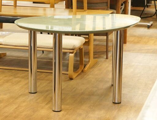 北大前! 札幌 引取 萩原家具 ダイニングテーブル グリーン系 W120×D85×H69cm 三角角丸形テーブル 中古家具 2059315