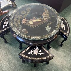 螺鈿細工 唐木家具花梨 大理石 装飾テーブル＆椅子豪華5点セット