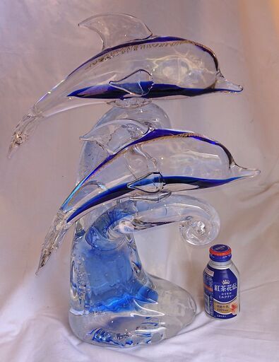 山口市、特大ガラス工芸【ペアのイルカ】￥11000高さ50cm！金箔入り