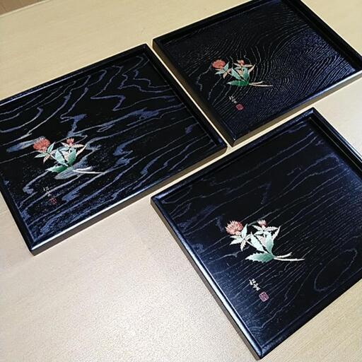 木製漆塗り角盆3枚セット