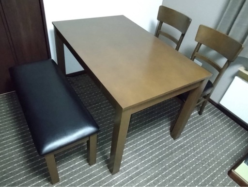 引き出し付フリーテーブル ダイニング4点セット (テーブル110cm+チェア2脚入り+ベンチ) 　「家具 インテリア 天然木 北欧風 シンプル ダイニングセット ダイニングテーブル ベンチ チェア いす イス」