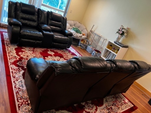 2 Piece Flannelette Recliner Living Room Set, Bonded Leather Couch 