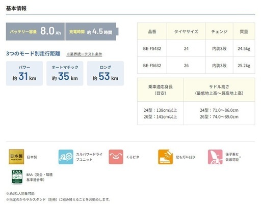 『極美品』 パナソニック 電動アシスト自転車 ビビSX BE-FS632 26インチ ブルー