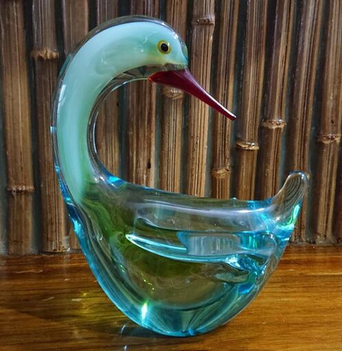 ガラス製 白鳥の置物 透明 青 緑