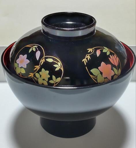 漆器 蓋つき椀 漆塗り黒 赤 花模様 大きめ 5セット