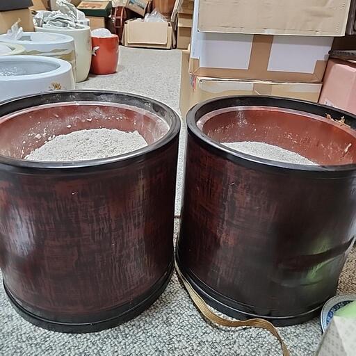 火鉢　対　銅、木製　2つ　灰つき