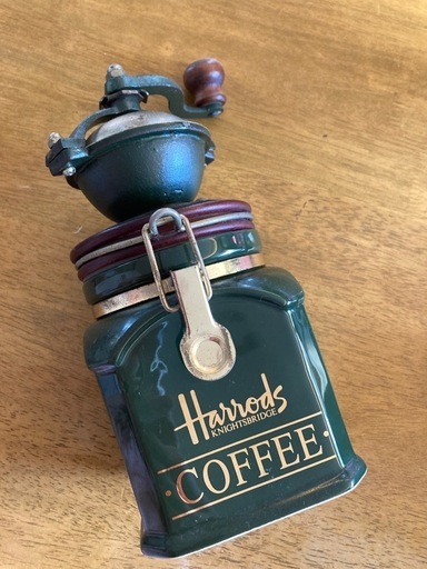 ハロッズ、コーヒーミル、オシャレ、上品、レトロ、グリーン、緑、群青色 、Harrods Nightsbridge Coffee Mill 、アンティーク、綺麗、美品、インテリア、とコルク、 瓶、陶器