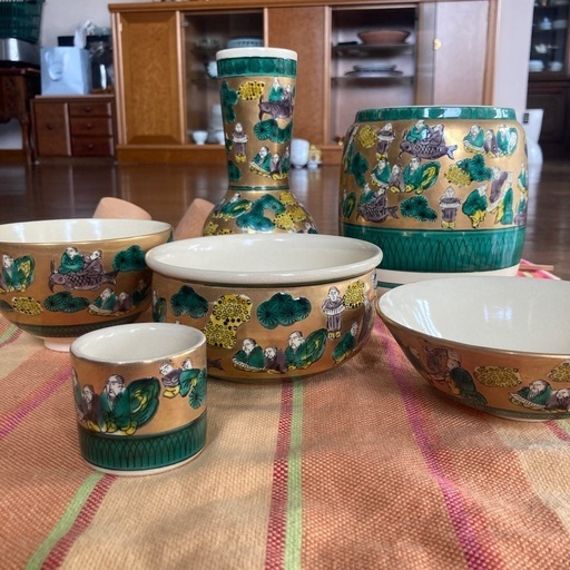 青木木米作 九谷焼 色絵金彩松賢人図 象双耳遊環花瓶 高さ23.5cm 青木木米作 九谷焼 色絵金彩松賢人図 象双耳遊環花瓶