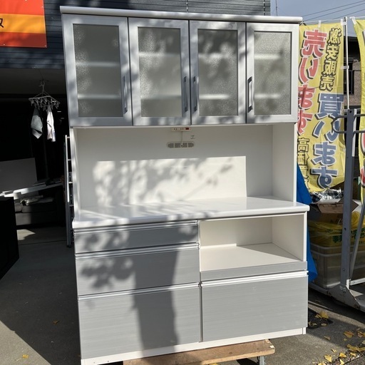 美品】キッチン収納 レンジ台 レンジボード 食器棚 ホワイト シルバー 白