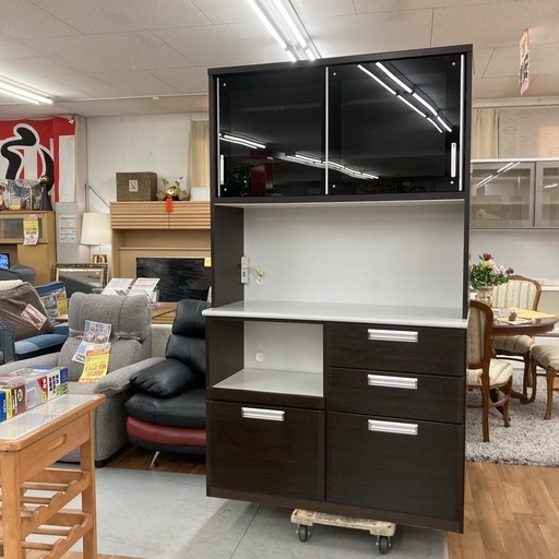 ダークブラウン 食器棚 ガラス扉付き キッチンボード ダイニングボード