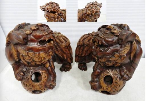 狛犬 2体 玉乗り 獅子 一対 木彫 木工品 伝統工芸品 彫刻 置物 縁起物