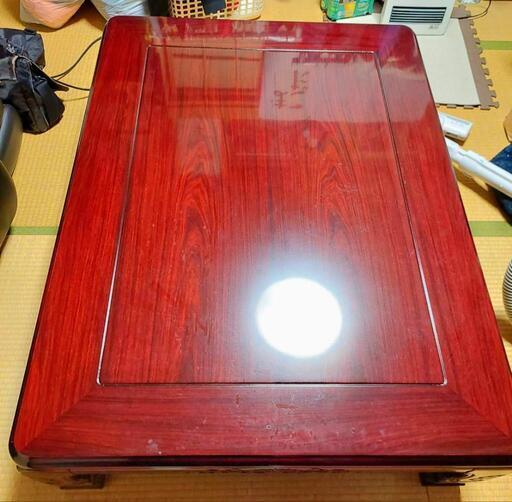 こたつ120巾和風木製紫檀調4面に彫刻あり むしっ ほぼ新品