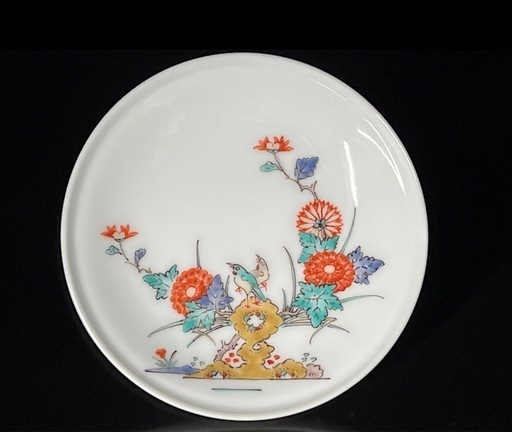 人間国宝十四代 酒井田柿右衛門 錦菊鳥文　額皿　共箱　栞　皿立付 人間国宝十四代 酒井田柿右衛門 錦菊鳥文 額皿