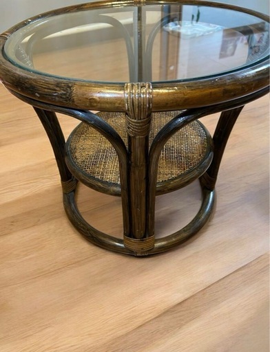 ヴィンテージ ラタンテーブル ラウンド 籐 コーヒーテーブル 棚付き