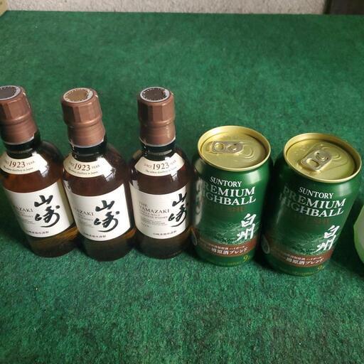 凱陣初搾りうす濁り、山崎ノンエイジミニボトル三本、白州プレミアム缶二本