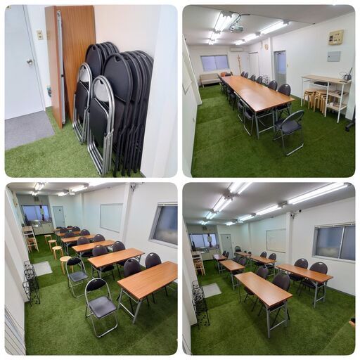 売ります【貸会議室】テーブル、イス、プロジェクター、スクリーン、ホワイトボード、ソファ、人工芝（貸し会議室、レンタルスペース、開業）
