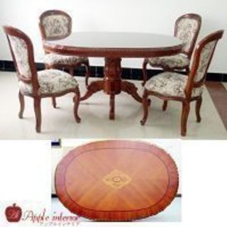総天然木 楕円テーブル5点セット 1150x90cm 象嵌入り